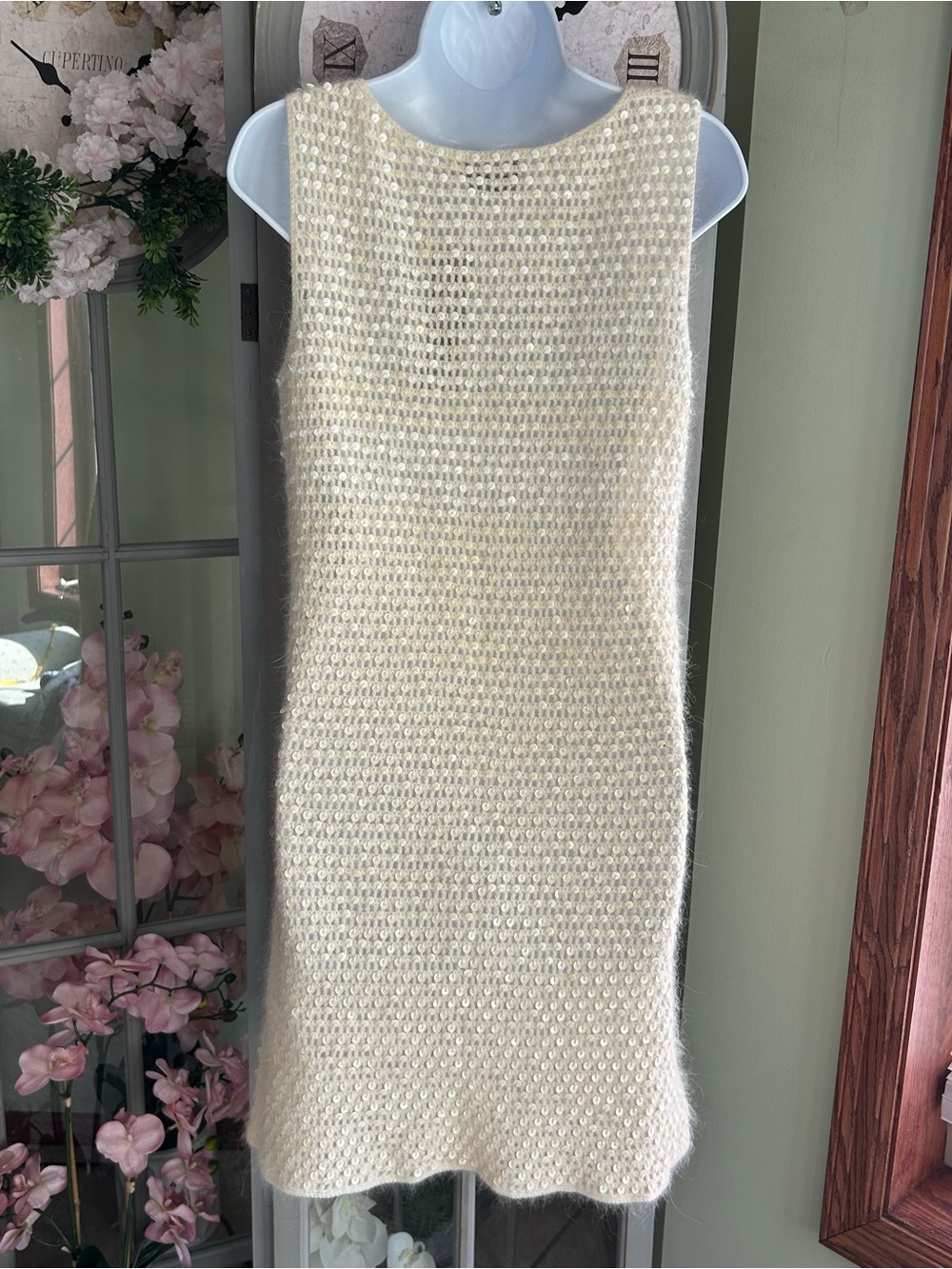 NWT WOMYN Ivory Sweater Knit Dress Sequins Sleeveless Lambs’ Wool & Angora Sz L - Picture 3 of 8